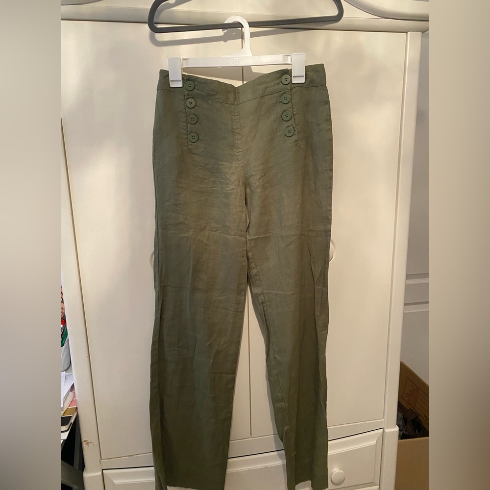 Max Studio NWT LINEN Olive Green Button-Front Pants